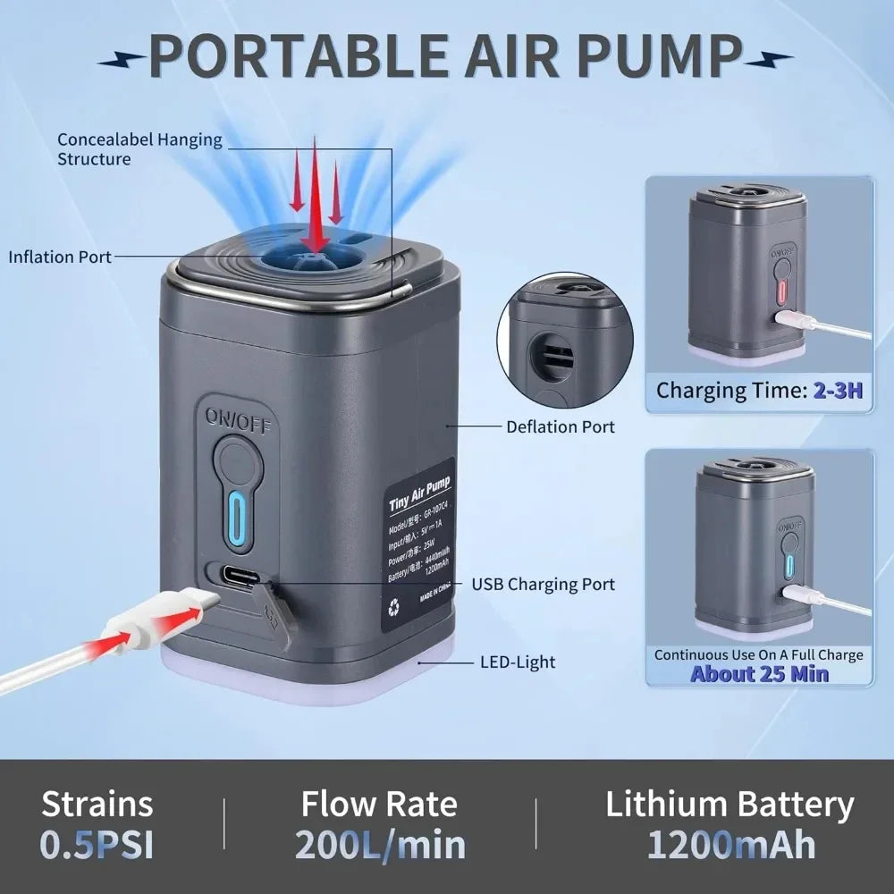 Lacozo™️ Mini Wireless Air Pump with LED Lights & 5 Nozzles for Inflatables