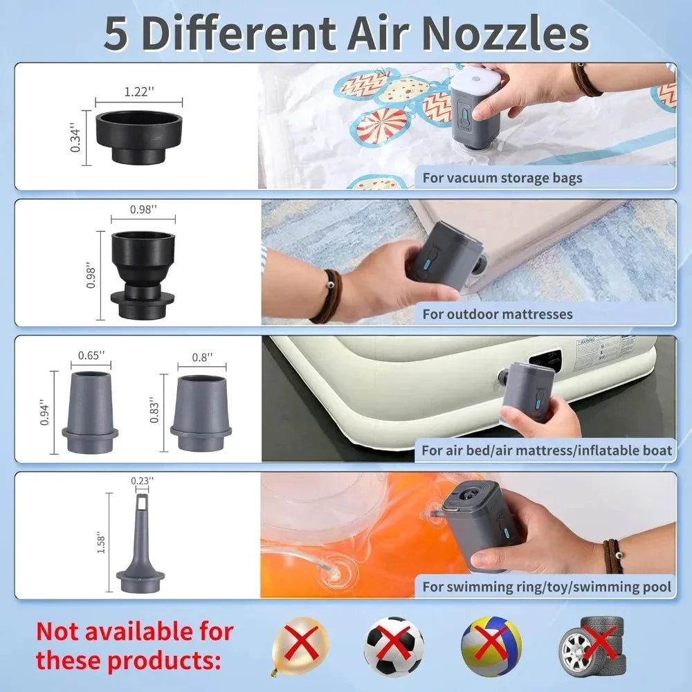 Lacozo™️ Mini Wireless Air Pump with LED Lights & 5 Nozzles for Inflatables